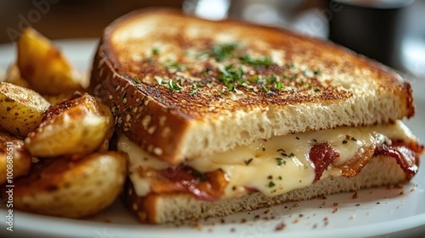 Fototapeta Grilled Cheese Sandwich with Crispy Potatoes