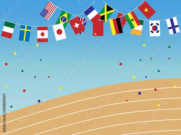 Obraz 世界の国旗が飾られた運動会の競技場