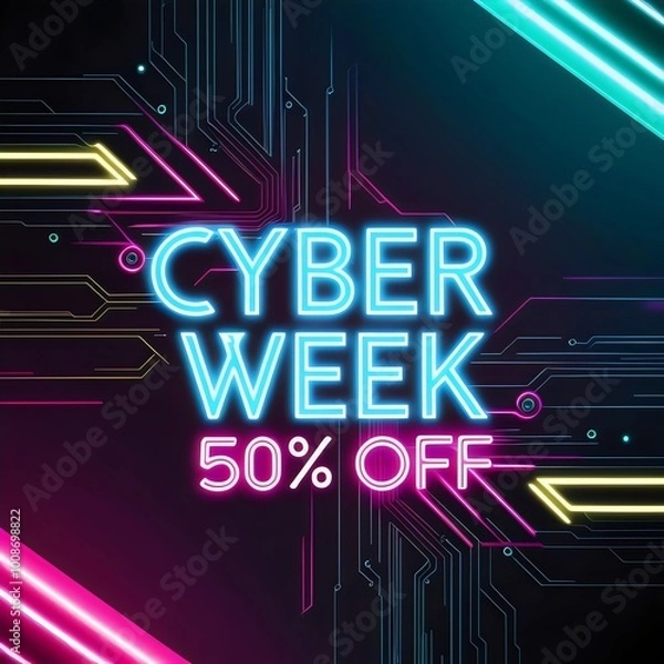 Fototapeta Cyber Week Sale Advertisement with Neon Blue and Pink Accents on Dark Background Featuring 50% Off Discount for Tech and Cyber-Themed Products and Services