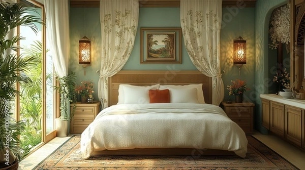 Fototapeta charming interior of a cozy bedroom showcasing warm fabrics and inviting colors creating a sense of comfort and relaxation in a tranquil setting filled with personal touches