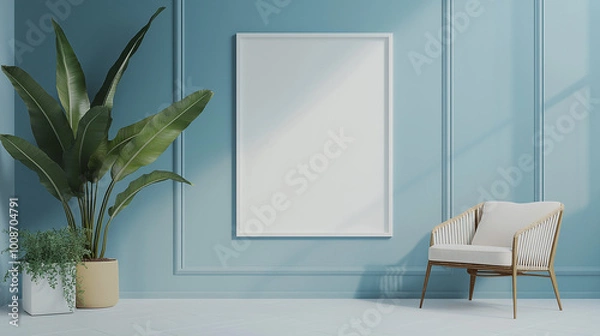 Fototapeta Blank frame mockup on a wall in a blue room with an armchair and plants.  AI generation.