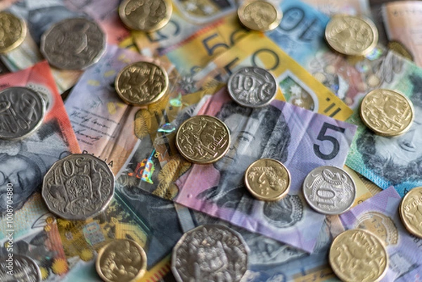 Fototapeta Close-up from above of multiple Australian dollar banknotes and coins spread over a desk, with sharp focus on a one Australian dollar coin, over a 5 dollar banknote and blurred surroundings.
