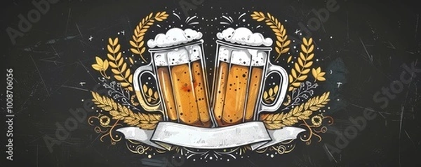 Obraz The image features a chalkboard-style Oktoberfest beer illustration with two frothy beer mugs surrounded by hops and leaves.