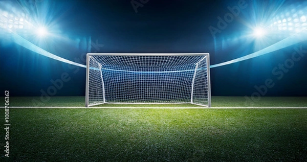 Fototapeta A large football stadium with goals in the middle, illuminated by floodlights.