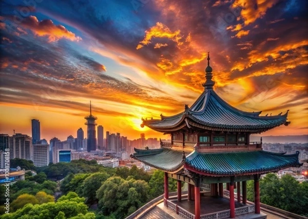 Fototapeta Stunning sunset view of a unique architectural structure against a colorful sky and city skyline