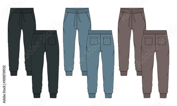 Fototapeta Fleece jersey Sweat pant With Cut and sew technical fashion flat sketch template front and back views. Apparel jogger pants vector illustration black khaki and blue color  mock up for kids and boys. 