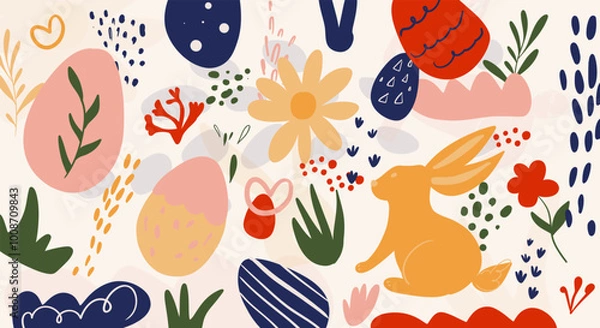 Obraz Banner of abstract elements for Easter hand drawn in doodle style, bunny, eggs, flowers, branch, footprints, spots. Simple flat vector style