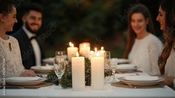 Fototapeta A cozy outdoor dinner setting featuring elegantly dressed guests, flickering candlelight, and a beautifully set table, creating an intimate atmosphere.