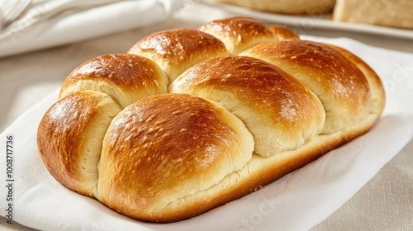 Fototapeta A freshly baked loaf of soft, golden-brown bread, featuring a smooth crust and fluffy interior, perfect for sandwiches or as a side dish.