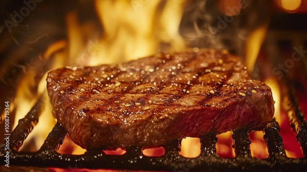 Fototapeta A sizzling steak being seared on a grill, with flames rising and glowing embers in the background. The cinematic, close-up view highlights the textures and vibrant colors of the food.