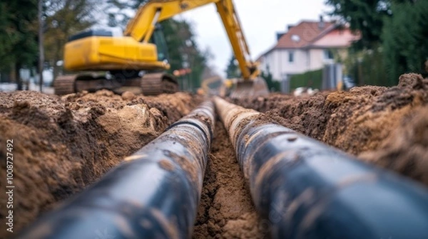 Fototapeta Close up shot of old water pipes in the ground with soil on it, being worked on at a construction site, repair and maintenance
