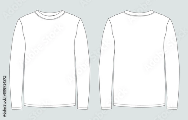 Fototapeta Long sleeve round neck Technical Sketch flat fashion T-shirt front and back view . Apparel dress design CAD Mock up Vector Illustration template.