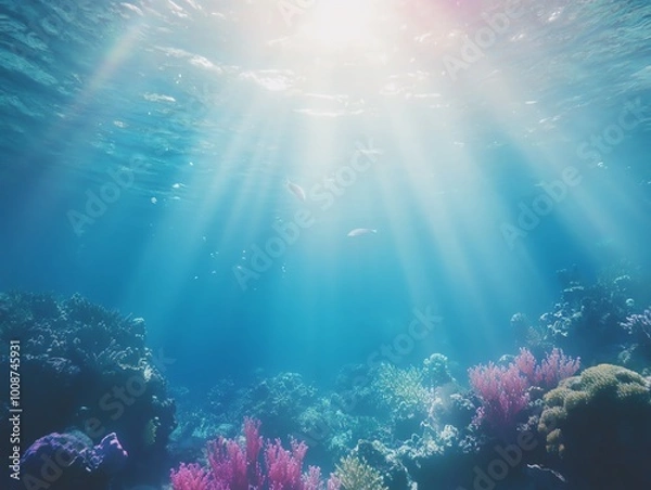 Fototapeta Panoramic view of a luxury underwater world, vibrant coral reefs, mythical creatures swimming gracefully, ethereal light filtering through water, captivating serenity