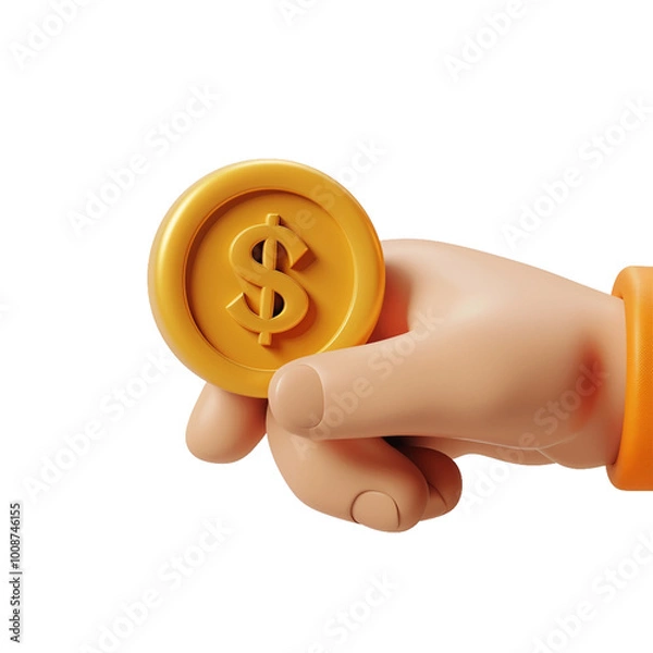 Fototapeta 3D Hand holding coin with arrow. Cashback concept. isolated on transparent background
