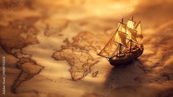 Fototapeta A small miniature toy ship sailing through the waters in a world map, exploration and discovery representation through models