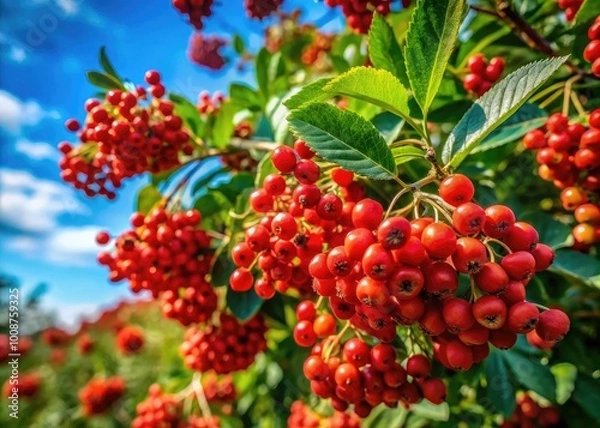 Fototapeta Vibrant red berries on a lush green tree in a picturesque natural setting during sunny weather