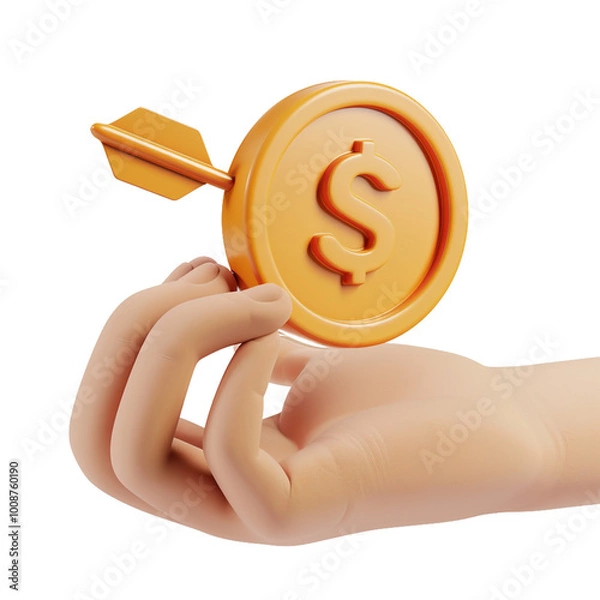 Fototapeta 3D Hand holding coin with arrow. Cashback concept. isolated on transparent background
