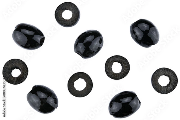 Obraz Scattered natural pitted black olives preserved and sliced isolated on a transparent background. Completely in focus. Top view.