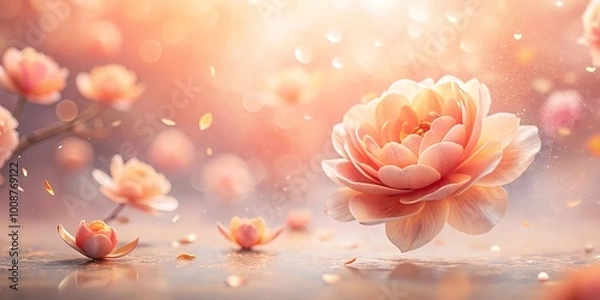 Fototapeta A delicate flower floats in a cascade of soft petals, illuminated by a warm, ethereal light.