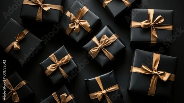 Fototapeta A striking arrangement of black gift boxes adorned with luxurious golden bows against a dark background, creating an elegant and sophisticated holiday presentation.