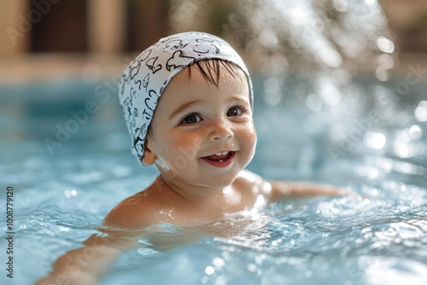 Fototapeta A cute little baby wearing a swimming cap is playing in the pool. The background features small toys floating around the water surface.