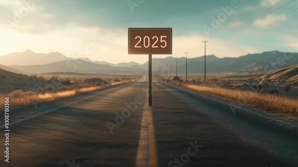 Fototapeta A solitary road sign stands in the center of an empty highway, displaying the year 2025 against a backdrop of mountains and a colorful sunset sky. The serene atmosphere invites exploration