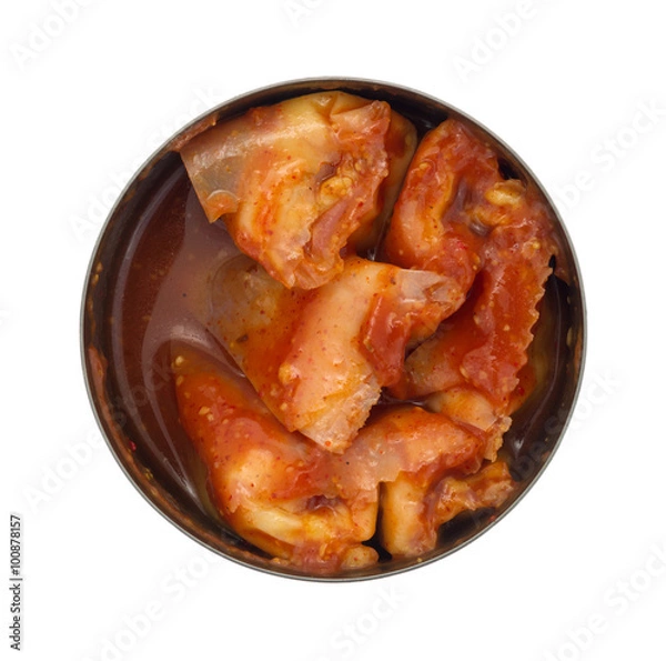 Fototapeta Open can of tamales in chili sauce