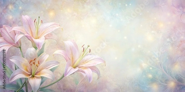 Fototapeta A Delicate Bouquet of Pale Lilies Adorned with Soft Luminescence and Gentle Flourishes on a Dreamy Pastel Background