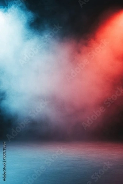 Fototapeta Vibrant stage background with colorful fog and dramatic lighting, perfect for event promotions, theater, concerts, and artistic visuals.