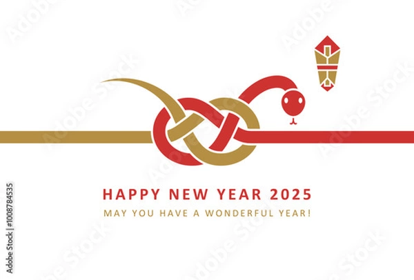 Obraz 2025年巳年年賀状デザイン水引風のかわいいヘビとのし