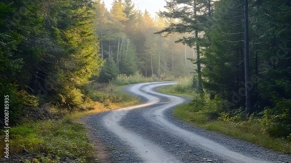 Fototapeta A winding gravel road cutting through a dense pine forest under the soft morning light, surrounded by tall evergreen trees 