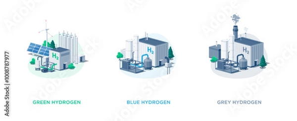 Fototapeta Green, blue, grey hydrogen power plant types. Clean solar wind and dirty gas production process technology with low and high carbon emissions. Flat isolated vector illustrations on white.