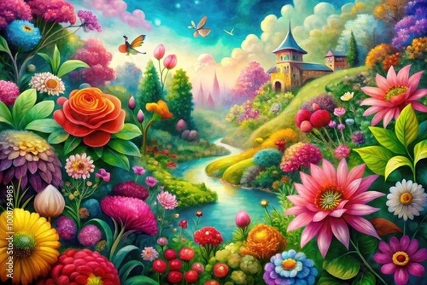 Fototapeta Whimsical Watercolor Wonderland Scene with Vibrant Colors and Enchanting Floral Elements