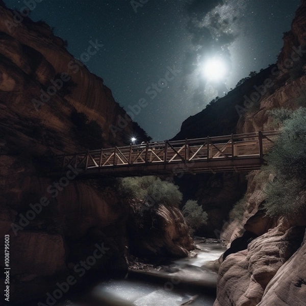 Obraz a bridge over a river with a full moon