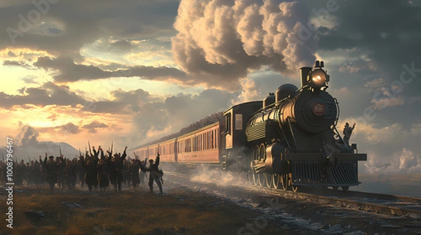 Obraz Generative AI, Soldiers on the Move: Civil War Train Crossing the Countryside