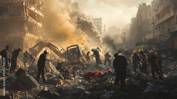Fototapeta Generative AI, Civilians Rescued from Rubble After Devastating Bombing