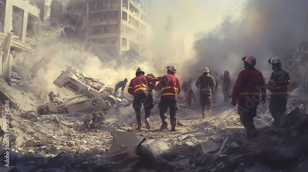 Fototapeta Generative AI, Civilians and Workers Pulling Survivors from Bombing Destruction