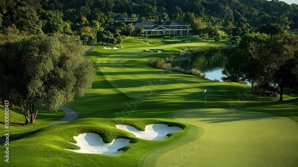 Obraz A stunning view of a golf course with lush greens and sand traps under the soft afternoon light.