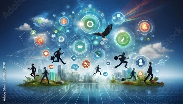 Fototapeta Dynamic business environment showcasing the concept of business agility, with symbols representing company transformation towards higher efficiency and rapid adaptation to market changes.