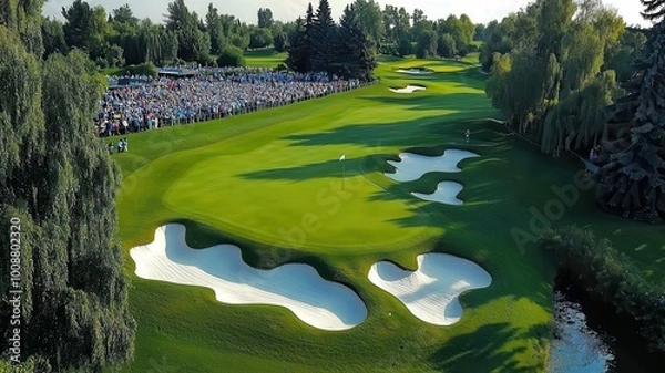 Obraz Aerial view of a vibrant golf course with lush greens and sand traps, surrounded by trees and enthusiastic spectators.