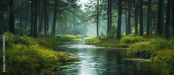Fototapeta serene countryside landscape with tranquil river flowing through lush greenery and tall trees, creating peaceful atmosphere. soft light enhances natural beauty of scene