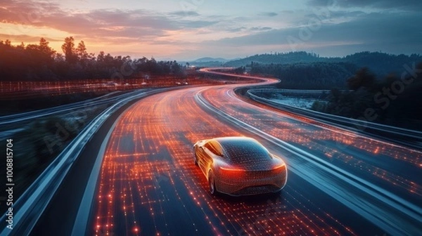 Fototapeta A highway drive in a high-tech setting, encircled by glowing digital waves, showcasing cutting-edge auto safety technology and the future of road safety.