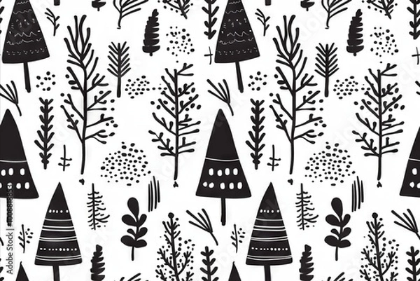 Fototapeta Black and white winter forest pattern  - Seamless Pattern 