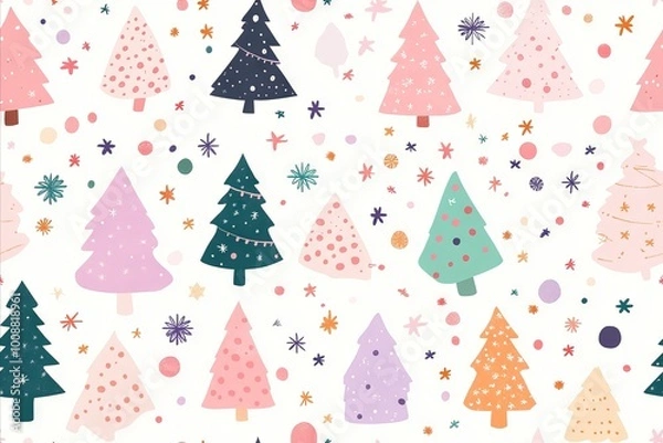 Fototapeta Colorful Christmas tree pattern on white background  - Seamless Pattern 