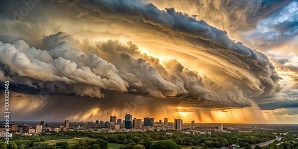 Obraz A dramatic storm cloud formation casts a dark shadow over the cityscape as golden sunlight pierces through the rain