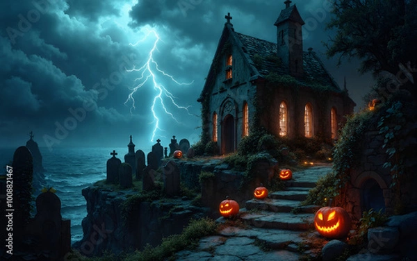 Fototapeta A spooky Halloween night with glowing pumpkins, a gothic church, bats, and a full moon over a graveyard.