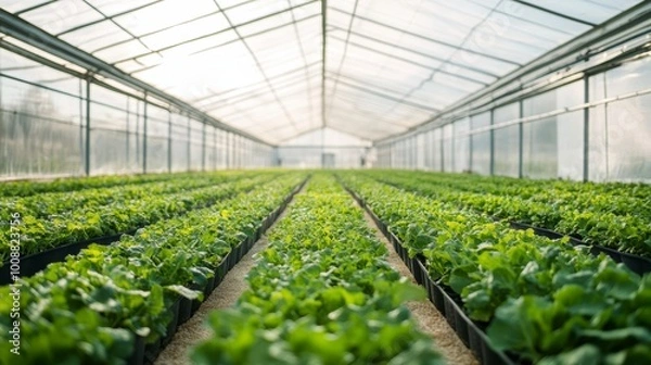 Fototapeta A large modern Greenhosue with rows of healthy green vegetables, eco-friendly sunny exposure, plants, professional photography