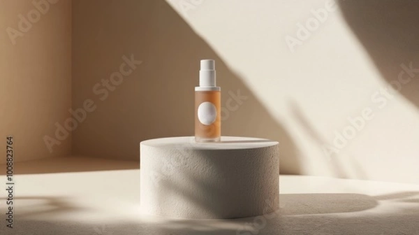 Fototapeta Floating podium product photo with a matte finish skincare bottle, captured mid-air with shadows and light accents to highlight the floating effect.