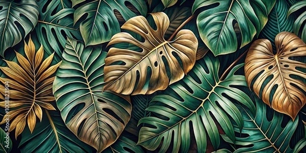 Fototapeta A lush tapestry of emerald and golden foliage, a symphony of textures and hues, revealing nature's artistry in a captivating botanical dance.