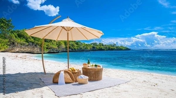 Fototapeta Serene Beach Picnic Setup Under a Large Umbrella